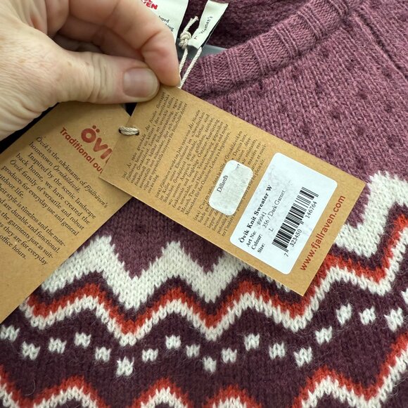 Fjallraven Ovik Fair Isle Wool Knit Elbow Patch Pullover Sweater Women Large NEW - Picture 3 of 9